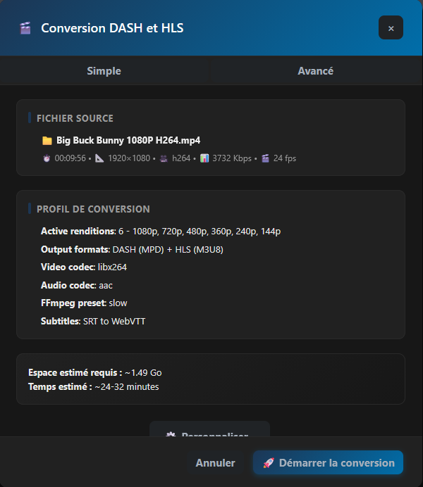 Fenêtre réelle de configuration DASH et HLS dans Nextcloud